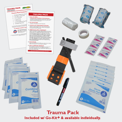 Contents of Trauma Pack included with the Go-Kit+ Bleed Control Version Emergency / Preparedness Kit from  Edu-Care