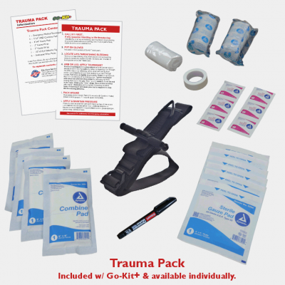 Contents of Trauma Pack included with the Go-Kit+ Bleed Control Version Emergency / Preparedness Kit from  Edu-Care